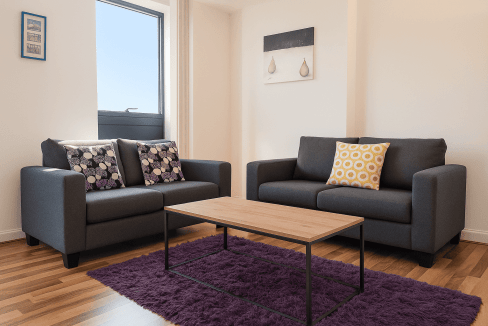 Modern living room with two dark sofas, colorful cushions, and a wooden coffee table. Bright natural.