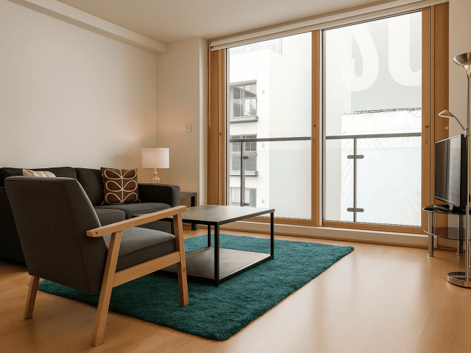 Elegant urban apartment interior with a black sofa, armchair, and floor lamp.
