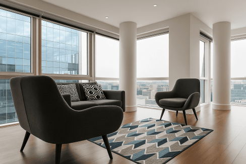 Elegant city apartment interior with large windows and contemporary seating.