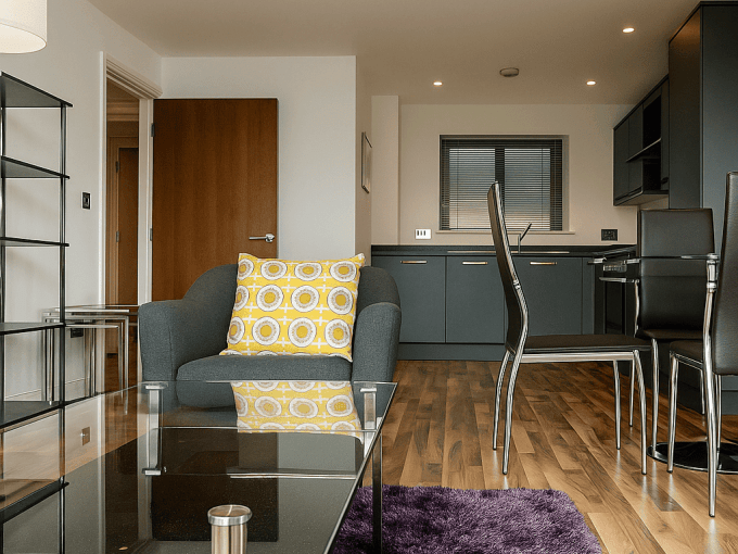 Stylish one-bedroom apartment in King's Cross with contemporary decor and open-plan living space.