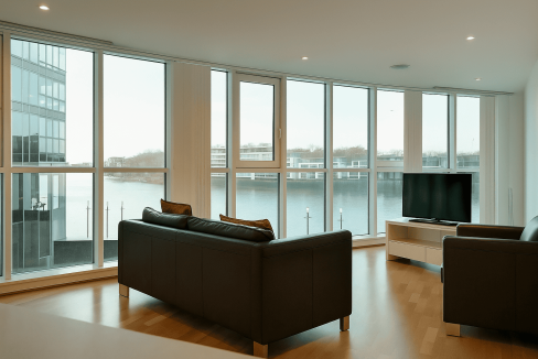 Spacious living room featuring two sofas, large windows, and a river view in the Vauxhall Deluxe Two.