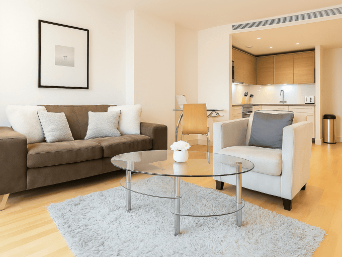 Vauxhall Manhattan one-bedroom apartment living room with contemporary furniture and open-plan kitch.