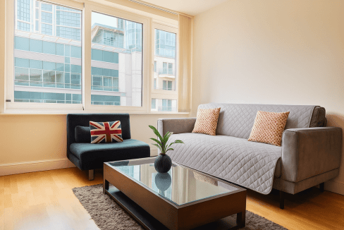 Vauxhall two-bedroom living room with large windows, modern sofa, and stylish decor.
