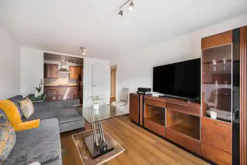 Stylish living room with contemporary furniture and a large flat-screen TV.