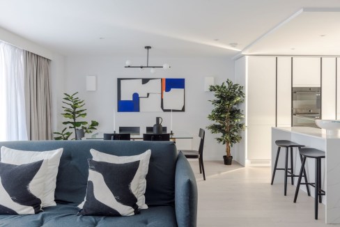 Contemporary Fitzrovia Booth's Place apartment living room with modern decor and minimalist design.