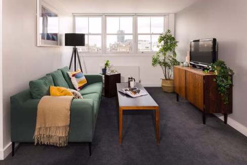 Bright living room with green sofa, cozy throw blanket, and large windows.