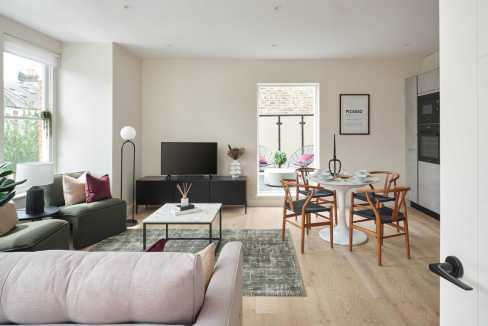 Bright Fulham Hestercombe Avenue apartment interior with contemporary furniture.