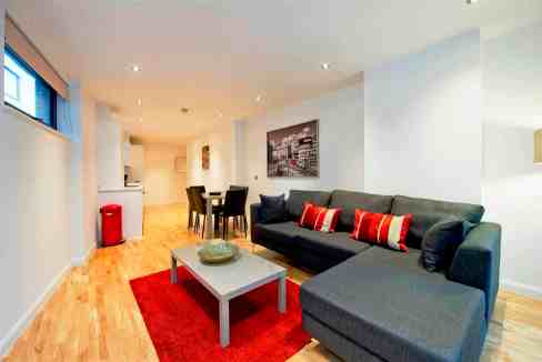 Modern living room in Tooley Street serviced apartment with contemporary furniture and stylish decor.