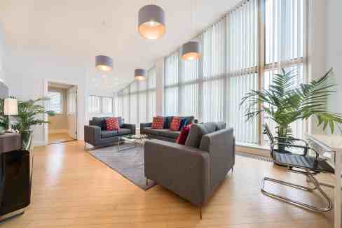 Bright and spacious living area with large windows and contemporary furniture.