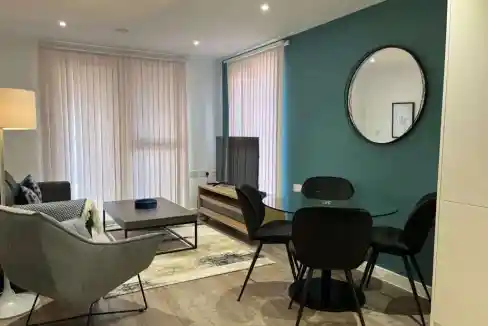 Contemporary living room in Southampton city centre apartments with stylish furniture.
