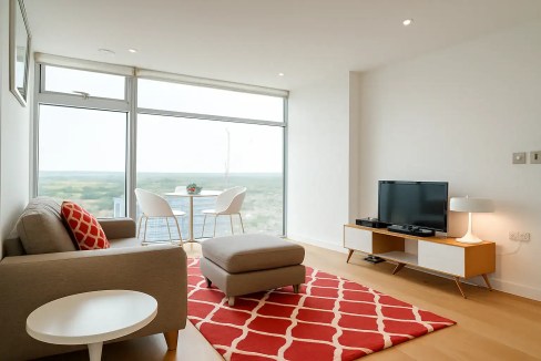 Ilford serviced apartments living room with large windows and contemporary furniture.