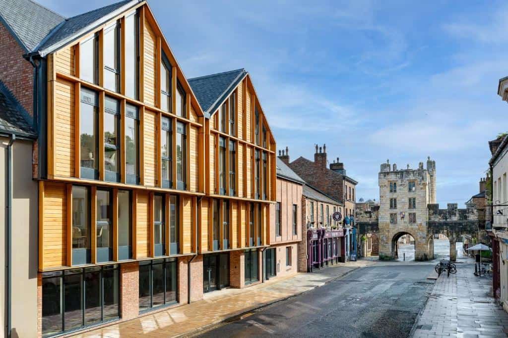 Contemporary building with wooden facade in York city center.