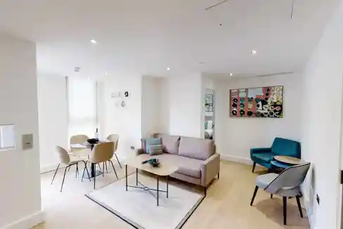 Bright and stylish living room in Leeds The Headrow Aparthotel with contemporary furniture.