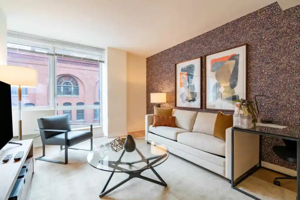 Modern Chelsea Market Apartments living room with stylish decor and natural light.