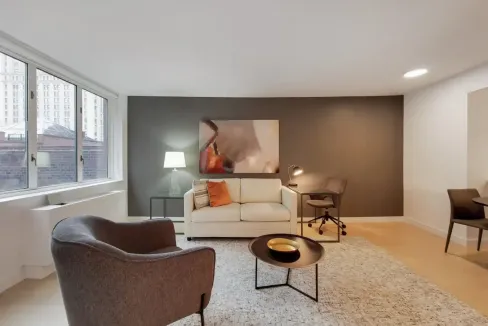 Stylish living room in Battery Park Rector Place Apartments featuring contemporary furniture and lar.