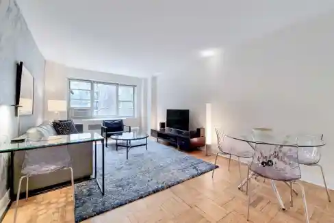 Modern living room with stylish furniture and large windows in Park Avenue Malls Apartments.