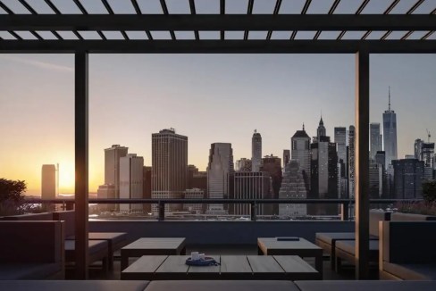 Brooklyn Heights skyline view from a balcony at sunset, showcasing NYC skyscrapers and iconic buildi.