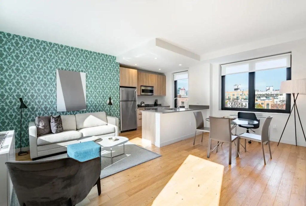 Bright, modern apartment in Williamsburg with stylish decor and open living space.