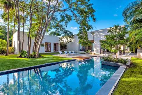 Outdoor swimming pool surrounded by palm trees at Luxury Miami Shores villa
