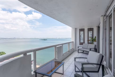 Balcony with bay views at Miami Bay luxury apartment