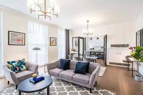 Holborn serviced apartments living room with contemporary furniture and stylish decor.