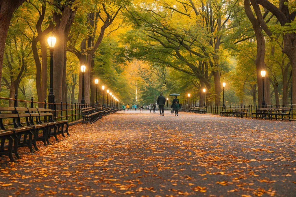 Autumn park scene with trees, benches, and walking paths in Manhattan, 2026.