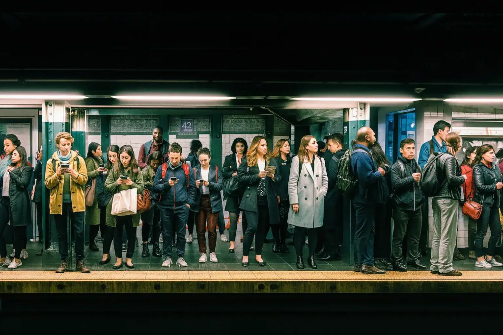 Waiting in line at a Manhattan subway station during rush hour.