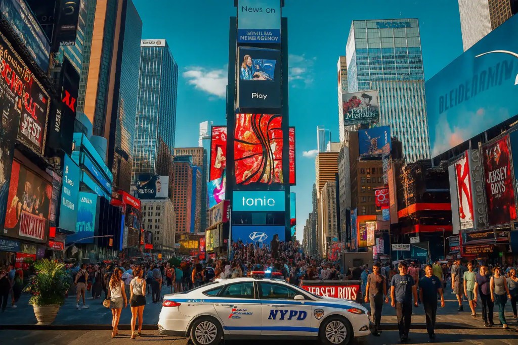 Bright Times Square with digital billboards and busy crowds in Manhattan, 2026.