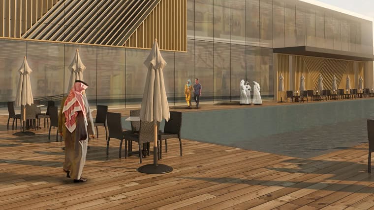 Outdoor lounge area at Riyadh Hittin Villas with seating and umbrellas.