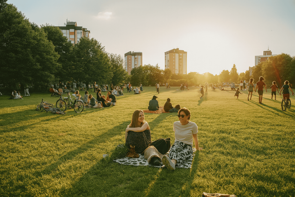 Relaxed people in a London park during sunset, with families and friends enjoying outdoor leisure.
