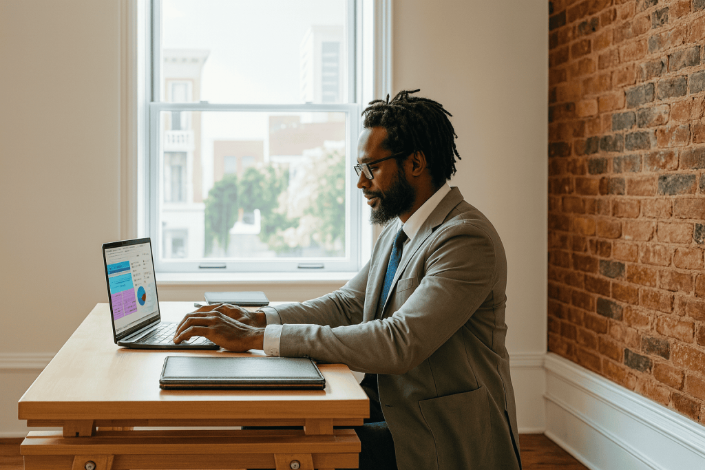 Moving to London: Professional man working on laptop in modern office setting.