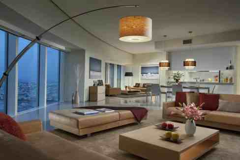 Elegant modern living room with panoramic city views in Dubai World Trade Centre Aparthotel.