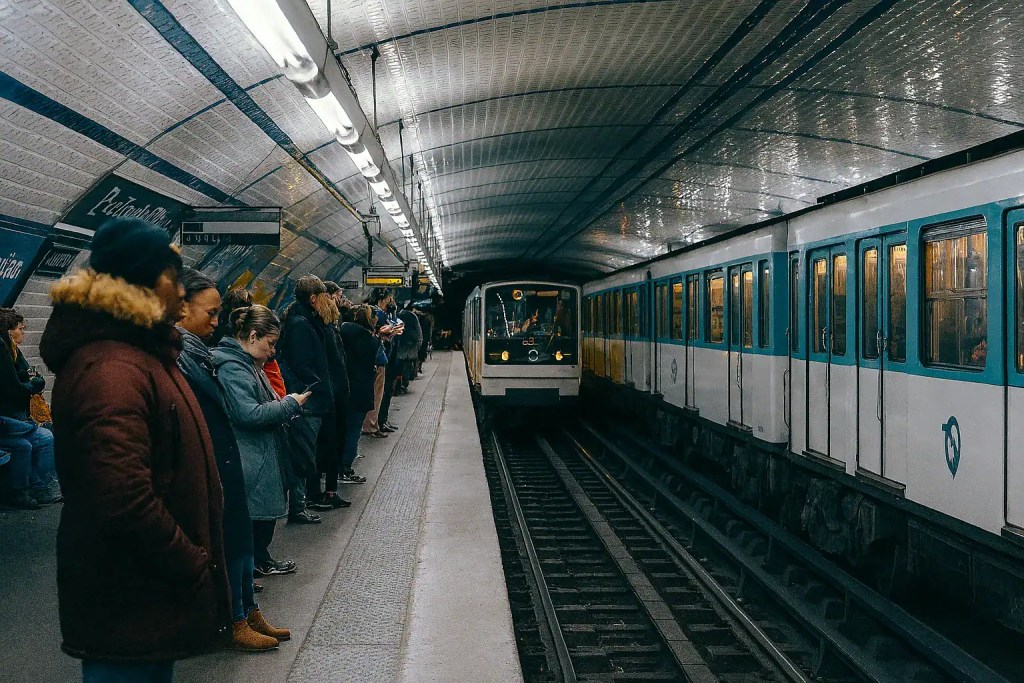 Paris metro station with commuters waiting for the train in an underground setting.