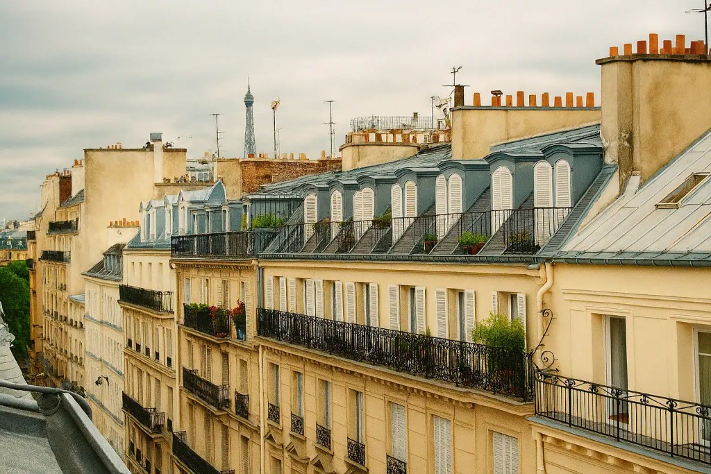 A scenic view of Paris rooftops showcasing classic architecture and cityscape.