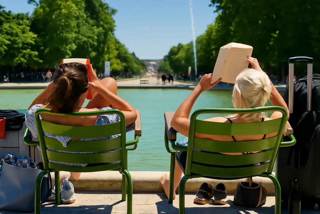 Seated women enjoying sunny day, reading books, and relaxing by the Seine River in Paris.