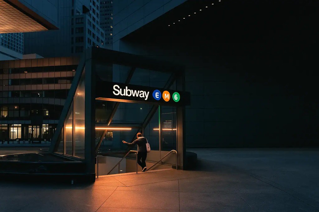Subway entrance in Manhattan with illuminated signs and cityscape background.