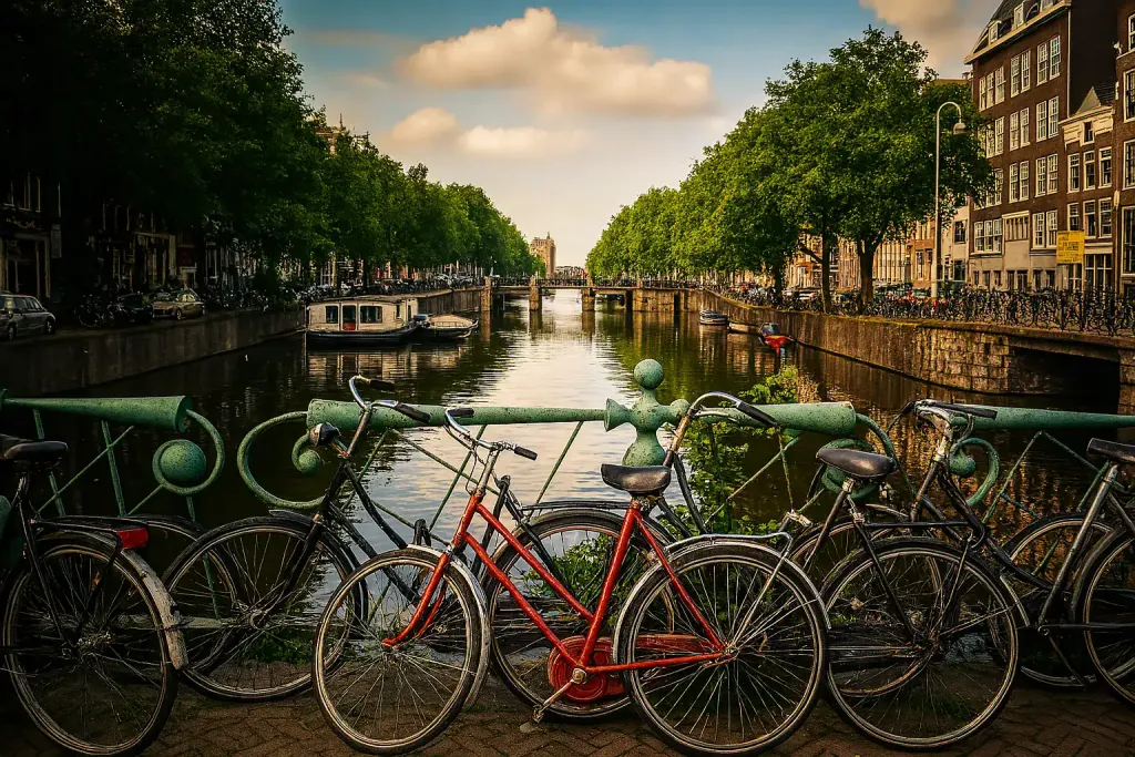 Amsterdam canal scene with bicycles and historic architecture in the evening light.