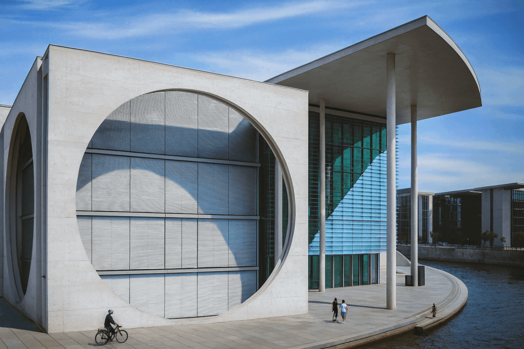 Iconic Berlin architecture featuring a large circular window and sleek modern design.