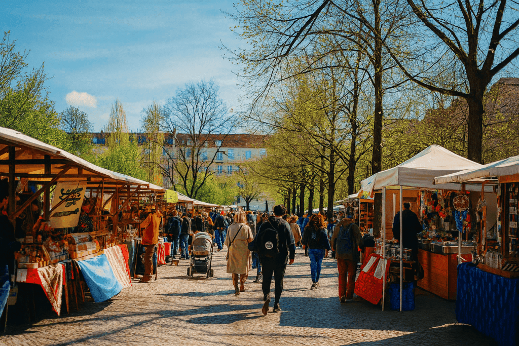 Berlin outdoor market with vendors and shoppers in a lively urban setting.