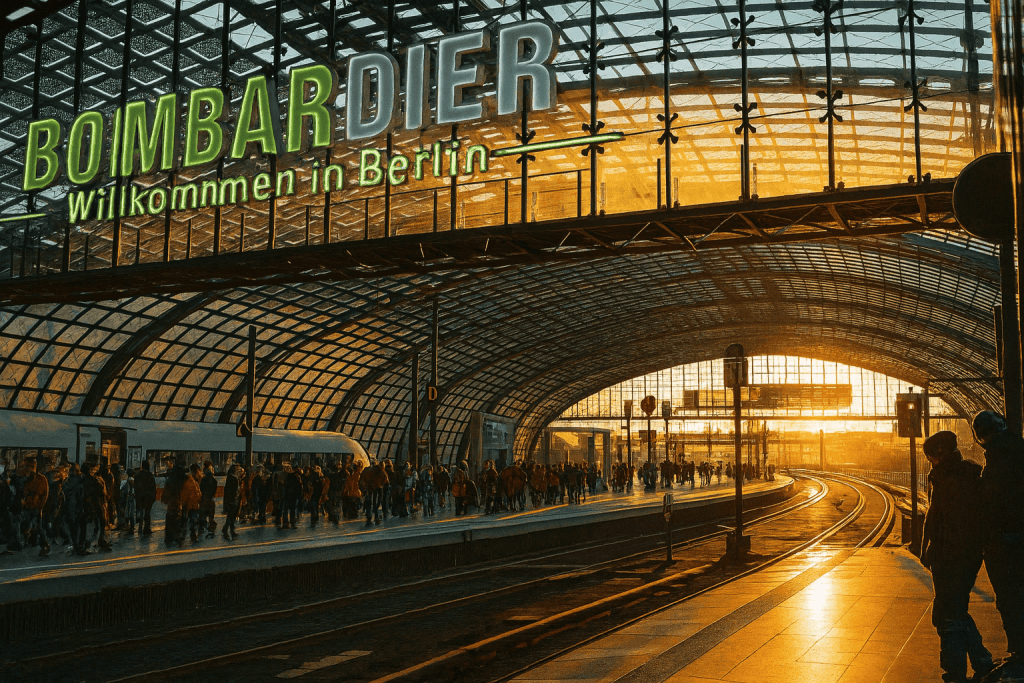 Bombardier welcome sign at Berlin train station during sunset.