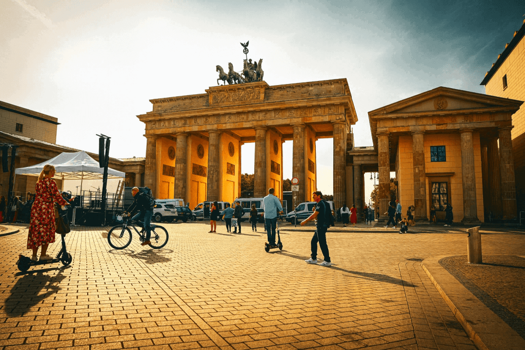 Berlin Brandenburg Gate at sunset with visitors and tourists enjoying the historic landmark.
