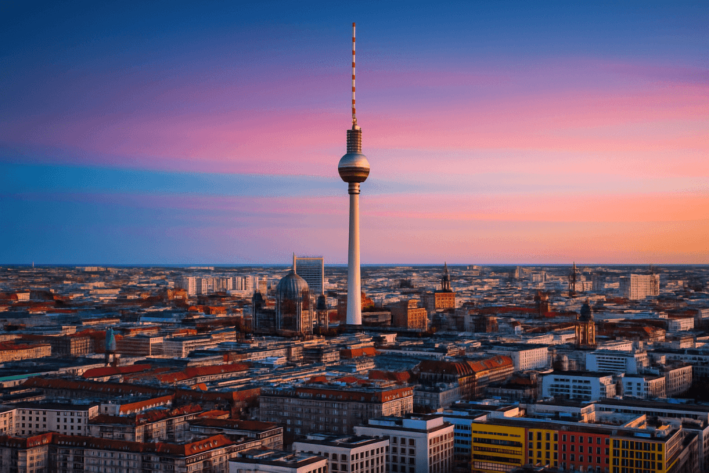 A panoramic view of Berlin’s cityscape during sunset, featuring the iconic TV Tower and historic arc.