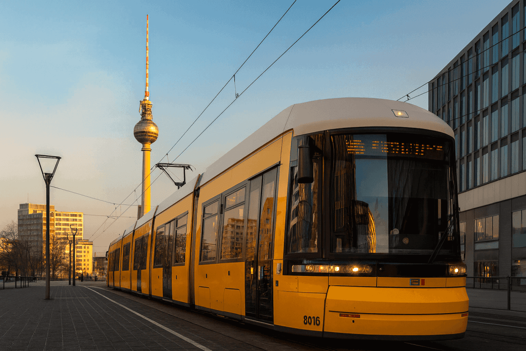 Yellow tram in Berlin city center at sunset.