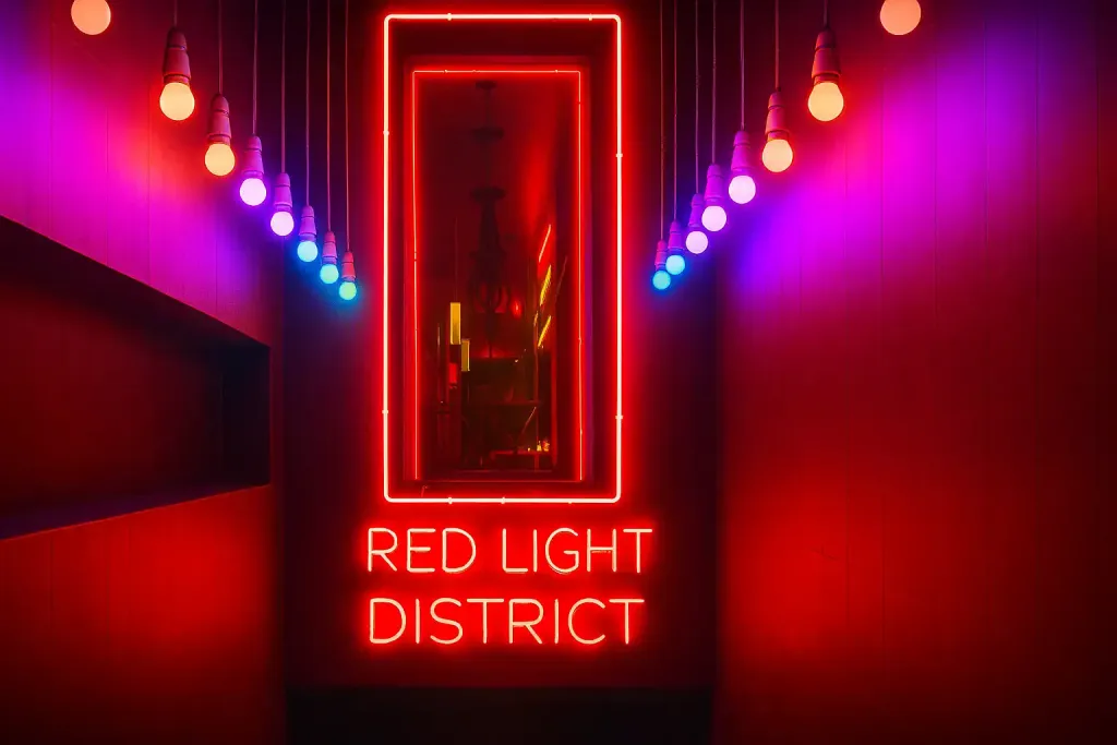Bright red neon sign reading "Red Light District" illuminated in a modern, colorful corridor.