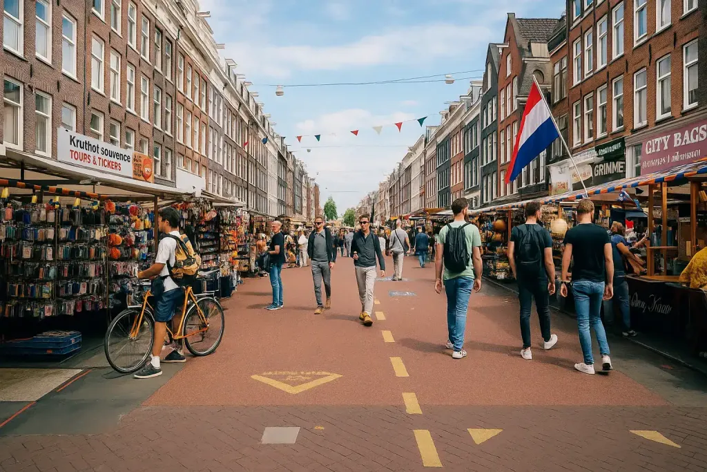 Busy Amsterdam street with shops, pedestrians, and bicycles in a lively urban setting.