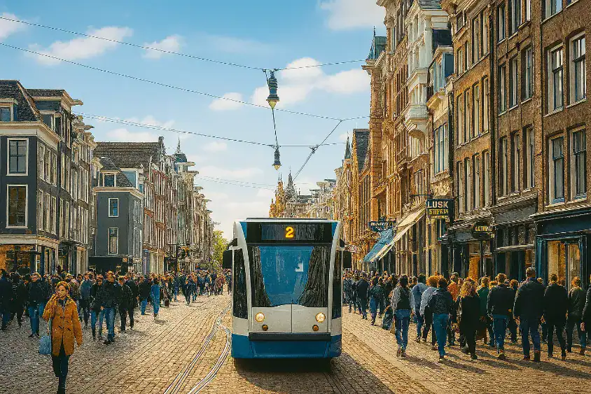 Amsterdam street scene with tram and busy pedestrians on a sunny day.