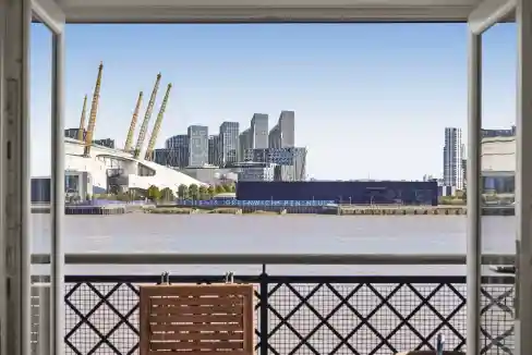 View of Concordia Wharf Apartments from the riverfront balcony.