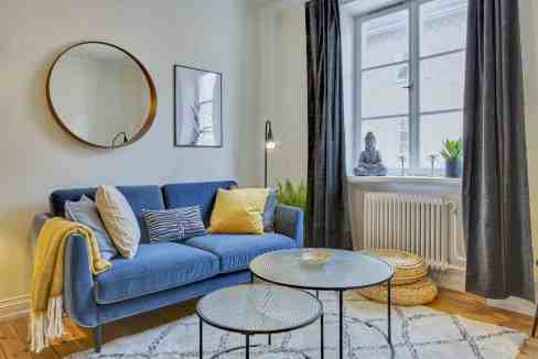 Bright living room with blue sofa, decorative pillows, and natural light in Stockholm Kristineberg A.