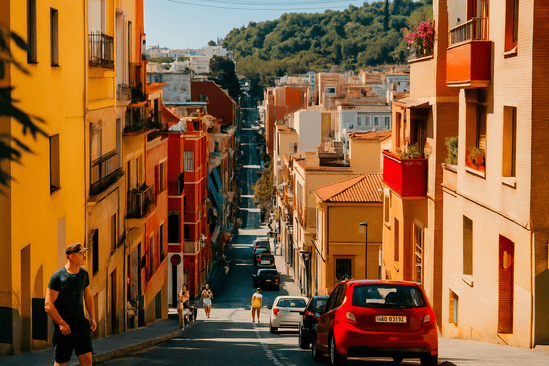 Colorful Barcelona street with cars and pedestrians, showcasing daily urban life.