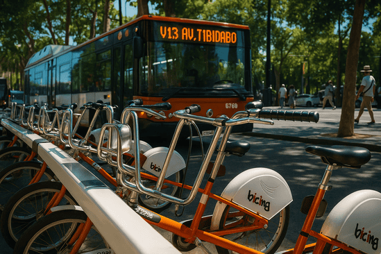 Bus and bike-sharing station in Barcelona with bicycles ready for commuters.